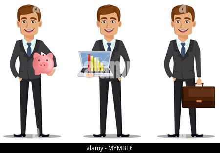 Stattliche Banker im Anzug, eingestellt. Fröhliche Zeichentrickfigur holding Schwein Geld, holding Laptop und Aktentasche. Vector Illustration auf Stock Vektor