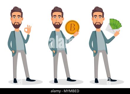 Geschäftsmann Cartoon Character Set. Business Mann in Freizeitkleidung, ok Zeichen, goldene Bitcoin und Holding Umschlag mit Geld. Vektor illu Stock Vektor