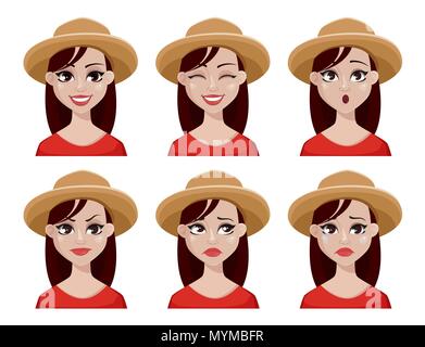 Gesichtsausdruck von Bauer Frau in hat. Verschiedene weibliche Emotionen gesetzt. Schönen cartoon Charakter. Vector Illustration auf weißem Hintergrund. Stock Vektor