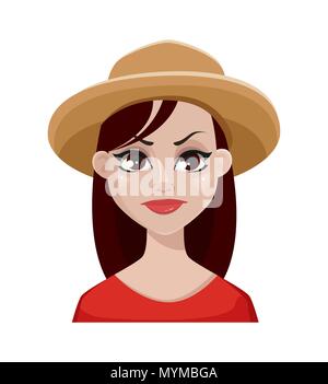 Gesichtsausdruck von Bauer Frau in hat. Weibliche Emotion, verärgert. Schönen cartoon Charakter. Vector Illustration auf weißem Hintergrund. Stock Vektor