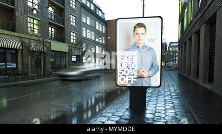 Mode Werbung Anschlagtafel auf Stadt Straße am Abend 3D-Rendering Stockfoto