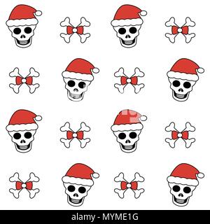 Süße schöne Weihnachten nahtlose Vektor Muster Hintergrund Abbildung mit Schädeln mit Santa's Hut und Knochen Stock Vektor