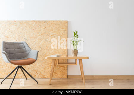 Designer Stuhl neben einem Holztisch mit Pflanzen- und buchen Sie gegen die Wand mit Kopie Raum Stockfoto