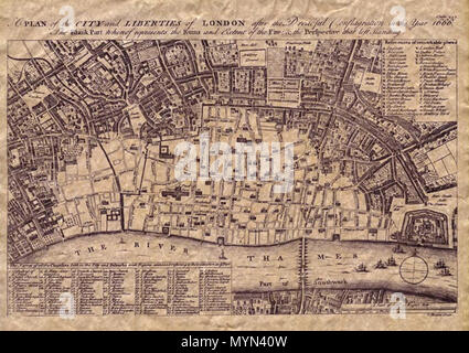 . Englisch: Eine wunderbare antike Karte der Stadt London und Bezirk, in dem die massive Schäden, die als Folge des Großen Feuers gelitten. Die Karte ist besonders detailliert wie die Skala ist eine große 6,5 Zoll auf der Meile. Es gibt informative Indizes Auflistung sowohl fehlt und die übrigen Eigenschaften. 10 Februar 2013, 13:14:41. John Norden und von Peter Van Den Keere Lond auf nach dem großen Brand von emanual Bowen auf eine frühere Arbeit von einer Wenzel Hollar 397 alte Karten das Große Feuer von London eingraviert Stockfoto