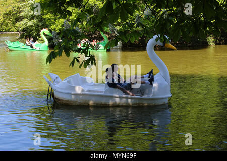 Personen, die in das Paddeln Boote in See zum Bootfahren im Alexandra Palace, London während der rekordverdächtige May Bank Holiday Hitzewelle. Mit: Atmosphäre, Wo: London, Großbritannien Wann: 07. Mai 2018 Credit: Dinendra Haria/WANN Stockfoto