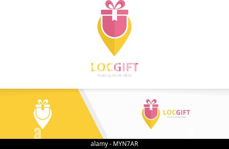 Vektor Geschenk und Karte Zeiger logo Kombination. Gegenwart und gps-locator Symbol oder Icon. Einzigartige Überraschung und Pin Logo Design Template. Stock Vektor