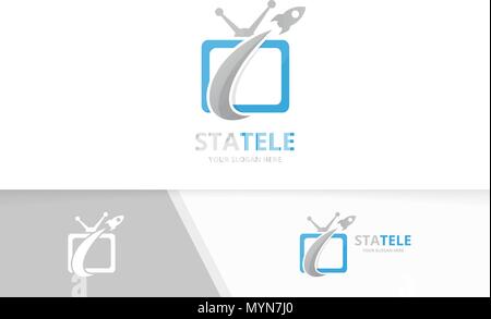 Vektor tv und Rakete logo Kombination. Fernsehen und Flugzeug Symbol oder Icon. Einzigartige Medien- und Flug Logo Design Template. Stock Vektor