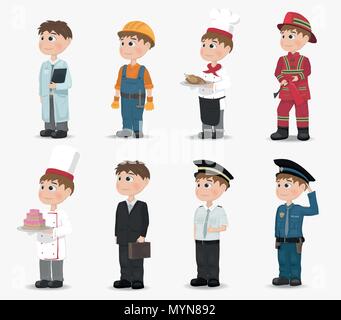 Man verschiedene Berufe Sammlung Vektor. Feuerwehrmann, Polizist, Konstruktor, Doktor Koch pilot Cartoon Charakter Stock Vektor