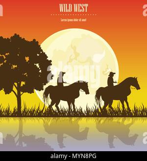 Wild West Sunset Vector Illustration. Cowboy Männer Reiten bei Sonnenuntergang Vintage west Karte Stock Vektor