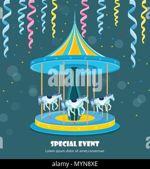 Glückliche Kinder Tag Karte mit Pferd, Karussell Vektor. Ausführliche Darstellung Stock Vektor