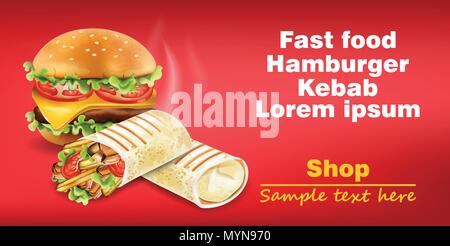 Burger und Shawarma Kebab fast food Vektor. Detaillierte Darstellung Stock Vektor