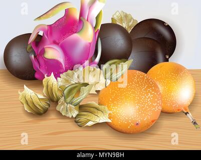 Exotische Früchte Vektor realistisch. Dragon Obst, Granadilla, Passionsfrüchte, Physalis 3D-Darstellung Stock Vektor