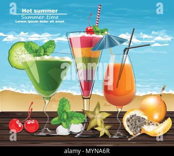 Sommer Cocktail Drinks Vektor realistische Banner. Strand hot Vorlage mit exotischen tropischen Getränken. 3D-Darstellung Stock Vektor