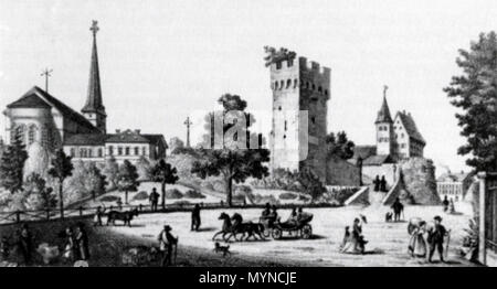 . English: Bensheim im Jahr 1869. "Aussicht vom Schönberger Thal aus'. Rechts im Bild er Gemminger Hof, der durch den Bau Liebfrauenschule abgerissen wurde. Aufnahme aus einem Bildband des Verlages G. Berger. 1869. Unbekannt 70 Bensheim 1869, 02. Stockfoto