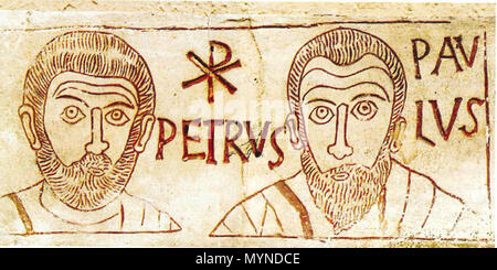 . English: Petrus und Paulus als graviert in einer römischen Katakombe Englisch: Die heiligen Peter und Paul, eine Radierung in einem catacombe. 4. Jahrhundert. Anonym 418 Petrus et Paulus 4. Jahrhundert Radierung Stockfoto