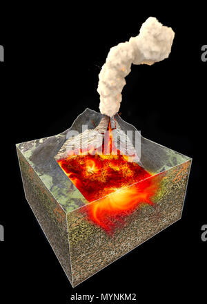 Abschnitt eines Vulkans, 3D-Rendering. Struktur und 3d-Abschnitt Stockfoto