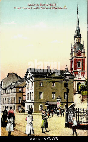 . English: burtscheider Markt mit Blick auf die St. Michael-Pfarrkirche und das Hotel "neubad". Im Vordergrund befindet sich der öffentlichen Thermalwasserbrunnen. 1905. Unbekannt 91 Burtscheid Neubad Laufbrunnen 1905 Stockfoto