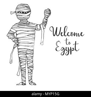 Skizze Karikatur Mumie. Vector Illustration. Text Willkommen in Ägypten. Stock Vektor