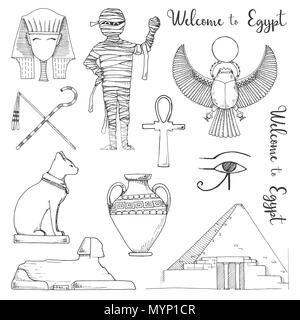 Satz von Elementen der ägyptischen Kultur. Vector Illustration in Skizze Stil. Stock Vektor