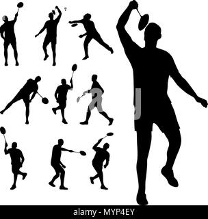 Junge Mann spielt Badminton silhouette Vector Illustration Stock Vektor