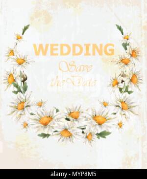 Kamillenblüten Hochzeit Kranz Karte Vektor. Schöner Frühling frame Vintage Style Stock Vektor