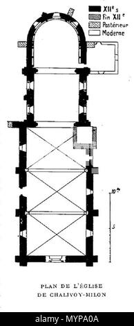 . Français: Plan de l'Église Saint-Éloi de Chalivoy-Milon, d'après Deshoulières, Congrès Archéologique de Bourges, 1931, avec Korrektur. 9. September 2011. Deshoulières 425 Plan Eglise Chalivoy-Milon Stockfoto