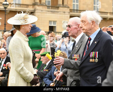 Die Princess Royal spricht mit Veteran ex-Soldaten während der Nicht vergessen Verein jährliche Gartenparty am Buckingham Palace, London. Stockfoto