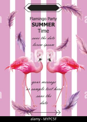 Flamingos party Summer Card Vektor. In der tropisch-exotischen rosafarbenen Flamingos Flyer oder Banner Stock Vektor