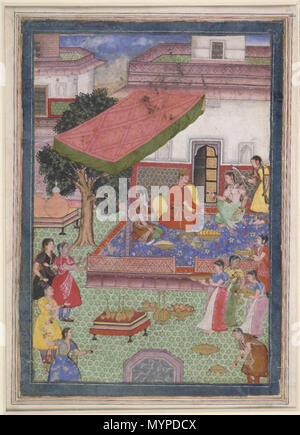 . Englisch: Diese Abbildung, aus dem Razmnameh, schildert ein Prinz im Gespräch unter einer Terrasse im Viertel der Frauen engagiert. Drei Frauen unter den canapy, während neun Frauen der Terrasse im Innenhof umgeben, mit Lebensmitteln und verschiedenen Angeboten. In der Ferne andere Gebäude von der Anlage gesehen werden. Reich verzierte tilling umfasst sowohl den Boden und äußeren Gebäude". Kein Text. In undurchsichtigen Aquarell auf Papier gemalt. ca. 1590. Moghul-stil 437 Prinz oder edle Besuch der Frauen Viertel oder zenana Stockfoto