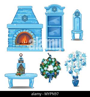 Satz von Möbeln und Accessoires Interieur aus Eis. Kamin, Bücherregal, Stuhl, Tisch, Kranz. Skizze für Grußkarten, festliche Poster oder Einladungen. Die Attribute von Weihnachten und Neujahr Stock Vektor