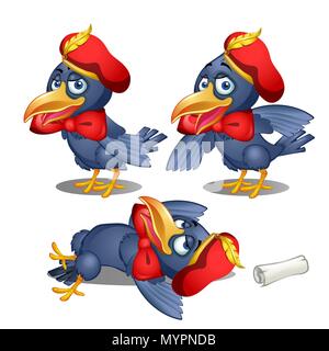 Betrunken krähen Botschafter Blättern der königlichen Botschaft verloren. Niedliche Tier auf weißem Hintergrund. Vector Illustration. Stock Vektor