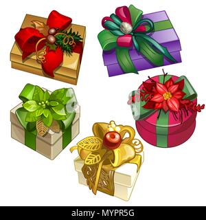Satz von geschenkboxen gebunden mit Bändern mit einem Designer bowknot und Dekorationen isoliert. Skizze für Grußkarten, festliche Poster oder Einladungen. Die Attribute von Weihnachten und das neue Jahr. Vektor. Stock Vektor
