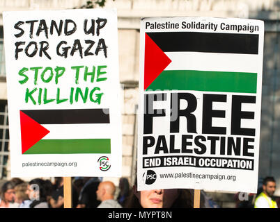 Die Demonstranten mit Plakaten im Gaza: Stoppt das Massaker Rallye in Whitehall, London, aus Protest gegen die palästinensischen Zivilisten durch die israelische Armee getötet. Stockfoto