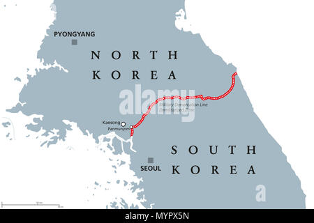 Koreanische Halbinsel, entmilitarisierte Zone, politische Karte. Nord- und Südkorea mit roten militärischen Demarkationslinie, Hauptstädte und Grenzen. Stockfoto