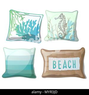 Set von Kissen mit einem stilvollen Drucken in Türkis auf weißem Hintergrund. Vector Illustration. Stock Vektor