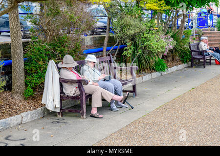 Ältere Damen schlafen auf einer Bank Eastbourne promonade Stockfoto