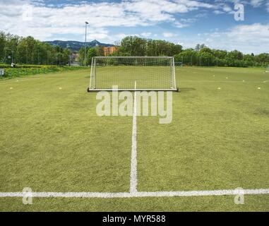 Die Fußball-Ziel im Sommer. Leer Ausbildung Tor für klassische fotbal auf grünem Gras Spielplatz. Bäume rund um das Stadion Stockfoto