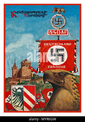 Jahrgang 1930 des Nationalsozialistischen Nürnberg Rallye Poster Postkarte der NSDAP-Reichsparteitag Nürnberg 1930 mit Hakenkreuz Fahne "Deutschland Wach' Nationalsozialistische Deutsche Arbeiter-Partei.-- Reichsparteitag Stockfoto