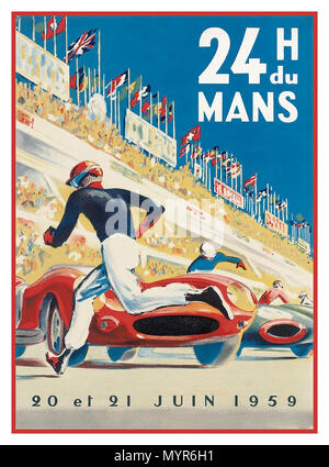 Vintage 1959 Le Mans-Poster für Autorennen 24 Stunden von Mans Lithographie 20/21. Juni 1959 Le Mans Frankreich mit Fahrer, die zu Autos fahren traditioneller Start Stockfoto