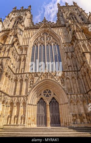 Ansicht des West Towers des berühmten York Minster. Die komplizierten Einzelheiten der gotischen Architektur sind in der Nachmittagssonne markierten. Stockfoto