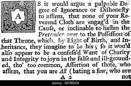 . Englisch: Fleuron aus Buch: eine demütige Adresse Reverend der "Geistlichen der Kirche von England zu etablieren. Durch das Thema der späten Schreiben zu Ihnen. Mit der Ermahnung Anhang würde. 343 sich demütig an die Pfarrer die Einrichtung "Priester der Kirche von England Fleuron T 145531-2 Stockfoto