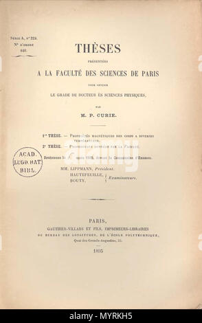 . Englisch: Pierre Curie: Propriétés magnétiques des Corps à diverses Temperaturen (1895). Diplomarbeiten an der Fakultät für Wissenschaft in Paris präsentiert. Français: Pierre Curie: Propriétés magnétiques des Corps à diverses Temperaturen (1895). Thèses présentées à la Kunstfakultät de Sciences de Paris. . 1895. Pierre Curie (1859-1906) 24 Curie 1895 Diese Stockfoto