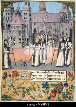 . Englisch: Beleuchtung von abrégées Chroniques des Anciens Rois et Ducs de Bourgogne. Der südlichen Niederlande, C. 1485-1490. Sammlung: British Library, London, UK. Übersetzung Text: Bernhard von Clairvaux, Kaplan der Jungfrau Maria sein Haus verlassen auf seinem Weg nach Burgund. Die Kirche dargestellt ist nicht Clervaux Abtei als zu erwarten ist, sondern die Kirche des Hl. Servatius in Maastricht. . 17 Juli 2016, 20:19:07. Unbekannt 15. Jahrhundert illuminator (An: Master des Trivialen Köpfe) 12K 105354 - Bernhard von Clairvaux (British Library zugeschrieben) Stockfoto