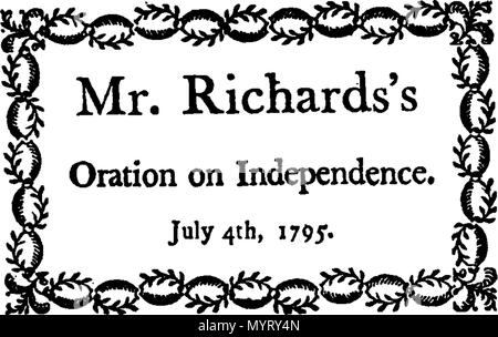 . Englisch: Fleuron aus Buch: eine Rede über die Unabhängigkeit der Vereinigten Staaten von Amerika verbinden; in Portsmouth, New-Hampshire, 4. Juli 1795 ausgesprochen. Von George Richards. [8 Zeilen in Lateinamerika von Horace]. 352 eine Rede über die Unabhängigkeit der Vereinigten Staaten von Amerika verbinden; in Portsmouth, New-Hampshire, 4. Juli 1795 Fleuron W 021529-1 ausgeprägt Stockfoto