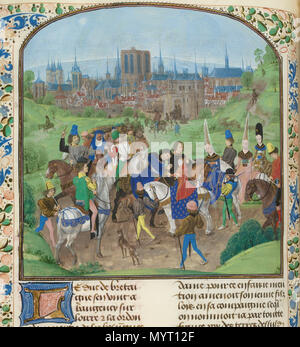 . Français: Arrivée à Paris du Jeune duc Louis II. d'Anjou et de sa mère Marie de Blois. Miniatur illustrant Les Chroniques De Jean Froissart, Brügge, Vers 1475. . Ca. 1475 359 Anjou Paris Stockfoto