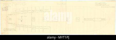 . Deutsch: "Barham" (1811); "RACHSÜCHTIGE" (1813) Maßstab: 1:48. Die unteren Decks, die für "Barham" (1811), eine 74-gun Dritten Rate, 2-Decker, wie sie zu einem 50-gun vierte Rate Fregatte an Woolwich Dockyard. Der Plan wurde später für "RACHSÜCHTIGE" (813), ebenfalls ein 74-gun Dritten Rate, 2-Decker, zum Schneiden, um sie zu einem 50-gun vierte Rate Fregatte in Portsmouth Dockyard zwischen 1828 und 1833 verwendet. Dieses Deck in den orlop Deck verwendet Wenn Sie waren 74-gun dritte Preise. Von Oliver Lang [Master Shipwright, Woolwich Dockyard, 1826-1853] unterzeichnet. BARHAM 1811. 29. Juni 1831. Unbekannt 2 "Barham" (1811); "Vindict Stockfoto