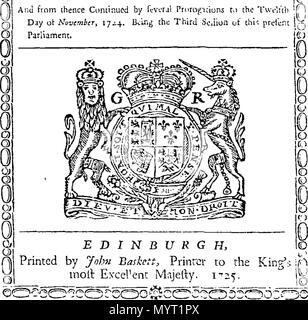 . Englisch: Fleuron aus Buch: Anno regni Georgii Regis Magn? Britanni?, Franci ?, & Hiberni?, undecimo. Im Parlament begonnen und in Westminster, das am 9. Oktober, Anno Dom Holden. 1722. Im neunten Jahr der Herrschaft unseres Herrn, Herrn George, durch die Gnade Gottes, von Großbritannien, Frankreich und Irland, König, Verteidiger des Glaubens, &c. Und von dort, da von mehreren Prorogations zum zwölften November 1724 fortgesetzt. In der dritten Sitzung dieses Parlaments. 361 Anno regni Georgii Regis Magn Fleuron N 046044-1 Stockfoto