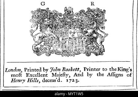 . Englisch: Fleuron aus Buch: Anno Regni Georgii Regis Magn? Britanni?, Franci ?, & Hiberni?, DECIMO. Im Parlament begonnen und in Westminster, das am 9. Oktober, Anno Dom Holden. 1722. Im neunten Jahr der Herrschaft unseres Herrn, Herrn George, durch die Gnade Gottes, von Großbritannien, Frankreich und Irland, König, Verteidiger des Glaubens, &c. Und von dort, da von mehreren prorogations zum 9. Januar 1723 fortgesetzt. In der zweiten Sitzung dieses Parlaments. 361 Anno Regni Georgii Regis Magn Fleuron N 050483-10 Stockfoto