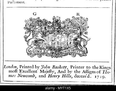 . Englisch: Fleuron aus Buch: Anno Regni Georgii Regis Magn? Britanni?, Franci ?, & Hiberni?, quinto. Im Parlament begonnen und in Westminster, das am 17. März Anno Dom Holden. 1714. Im ersten Jahr der Herrschaft unseres Herrn, Herrn George, durch die Gnade Gottes, von Großbritannien, Frankreich und Irland, König, Verteidiger des Glaubens, &c. Und von dort, da von mehreren prorogations zu den am 11. November 1718. - Das vierte Sitzung dieses Parlaments. 361 Anno Regni Georgii Regis Magn Fleuron N 050519-10 Stockfoto