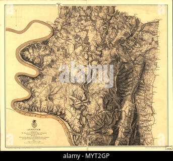 . Englisch: Maßstab 1:21,120. LC Bürgerkrieg Karten (Hrsg.), 245,8' der allgemeinen Ausrichtung der Konföderierten Linie der Schlacht, Sept. 16 1862' und '(allgemeine Richtung) Konföderierten Linie der Schlacht, Sept. 17 1862 (Abend)" werden Hand in Rot gefärbt. Union Truppe Positionen werden nicht angegeben. Detaillierte Karte der Umgebung von Sharpsburg zeigt Straßen, die 'Washington Co. R. R.", Zäune, Häuser, Namen der Bewohner, Vegetation, Entwässerung, Dörfer, die 'Burnside Bridge", "Bloody Lane", "unker Kapelle,'' National Cemetery", und Entlastung durch hachures. In dieser Ausgabe, die Karte ist entweder auf einen gelben Hintergrund mit dem P gedruckt Stockfoto
